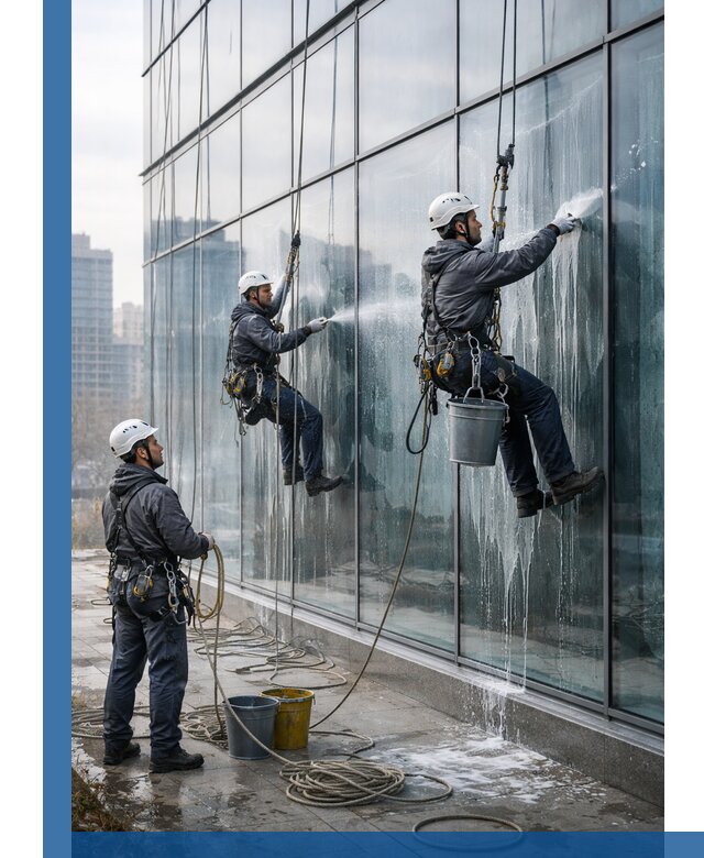 Промышленная мойка панорамных окон на высоте в Петергофе