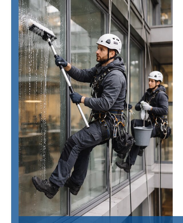 Профессиональная мойка витражей промышленными альпинистами в Петергофе