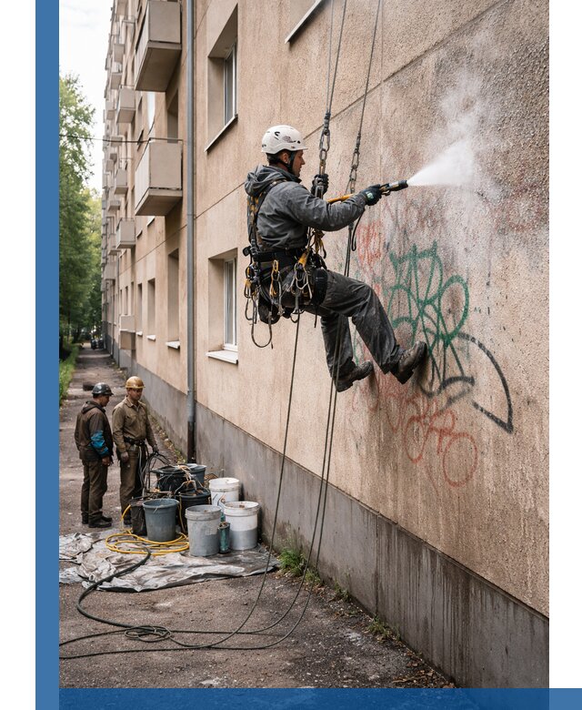 Удаление граффити с фасада в Петергофе без следов и повреждений