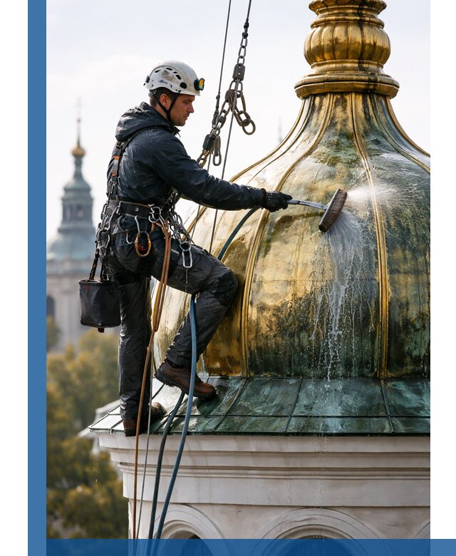 Профессиональная мойка куполов и шпилей высотными альпинистами в Петергофе
