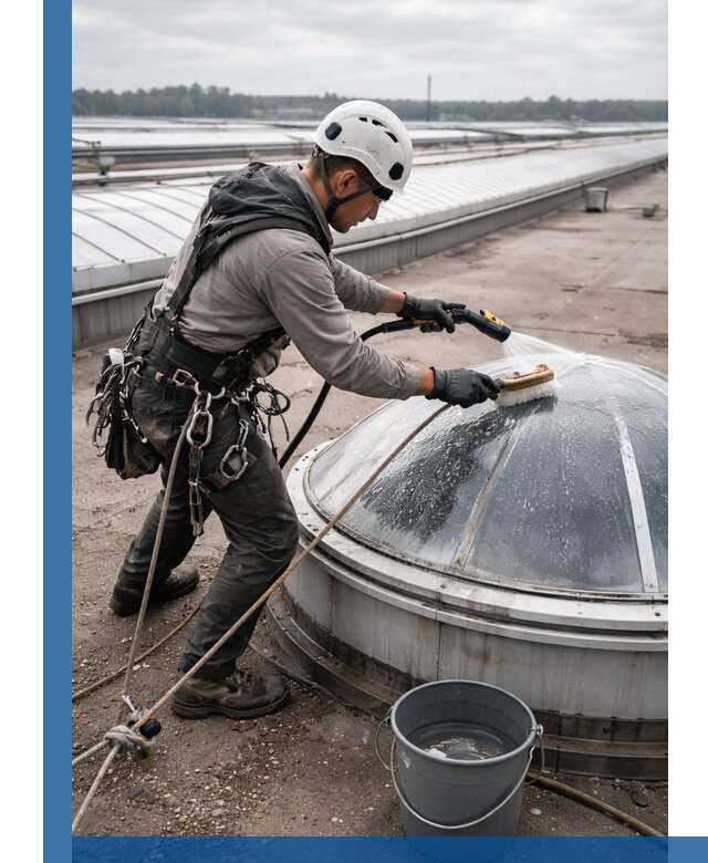 Мойка зенитных фонарей на кровле для промышленных объектов в Петергофе