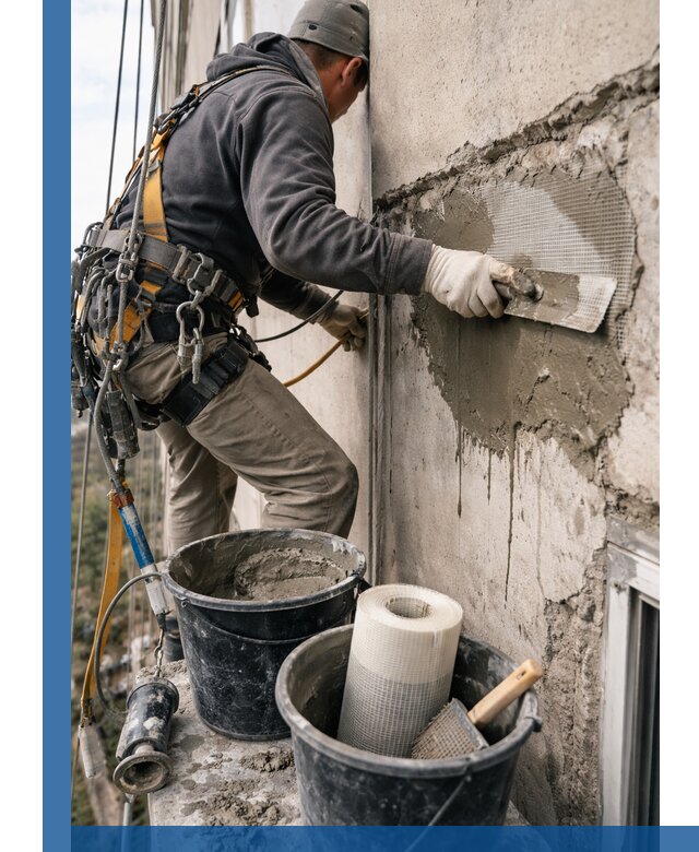 Ремонт бетонных элементов фасада промышленными альпинистами в Петергофе