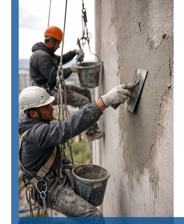 Штукатурка фасада на высоте в Петергофе профессиональные работы