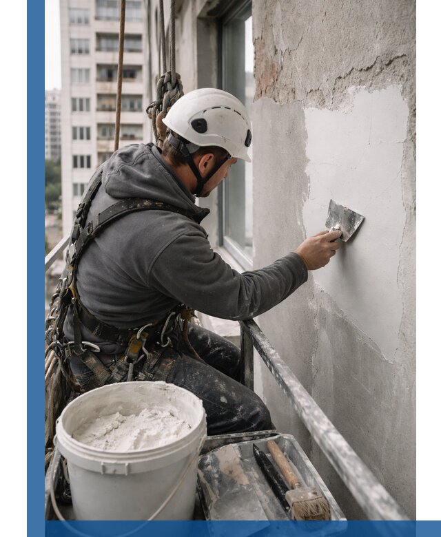 Шпаклевка фасадов на высоте с промальпинистами в Петергофе