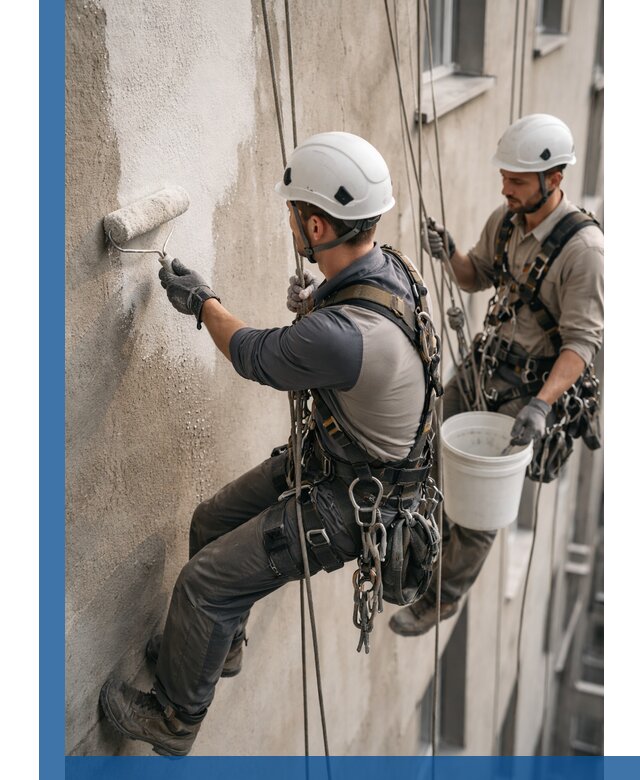 Грунтовка фасада на высоте в Петергофе промышленными альпинистами