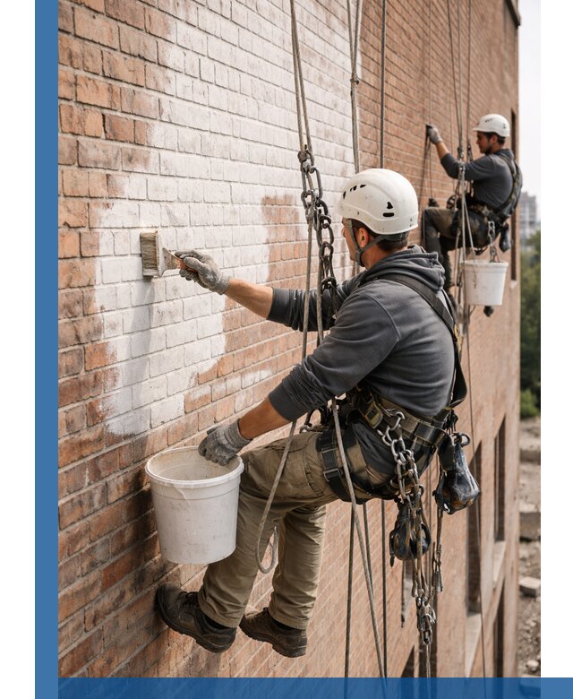 Покраска кирпичного фасада с доступным альпинистским сервисом в Петергофе