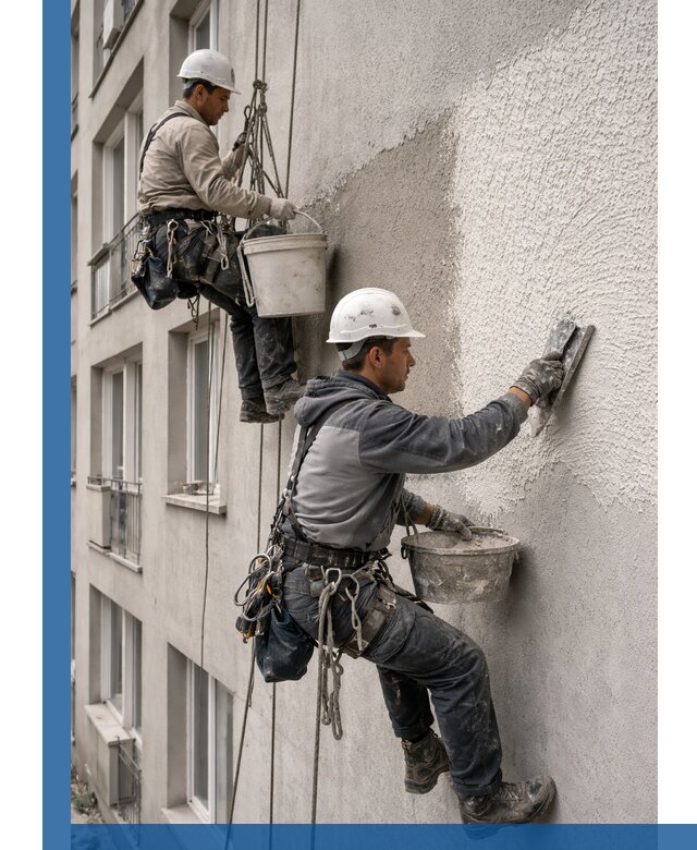 Нанесение декоративной штукатурки короед на фасад в Петергофе