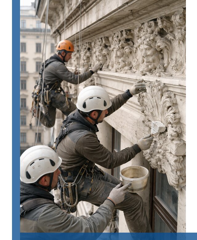 Реставрация фасадной лепнины с высотными работами в Петергофе