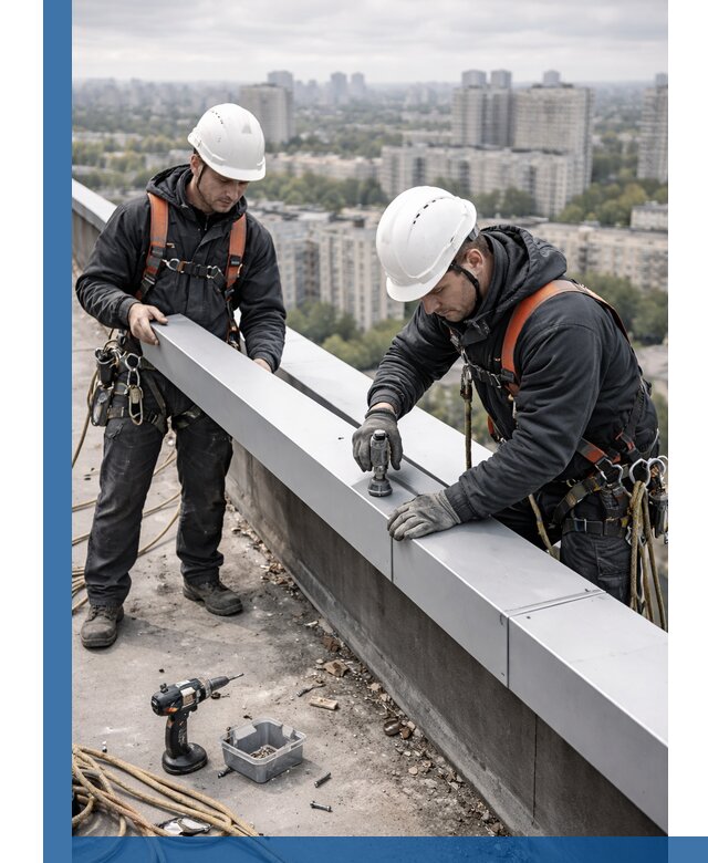 Монтаж парапетных крышек и ограждений кровли в Петергофе