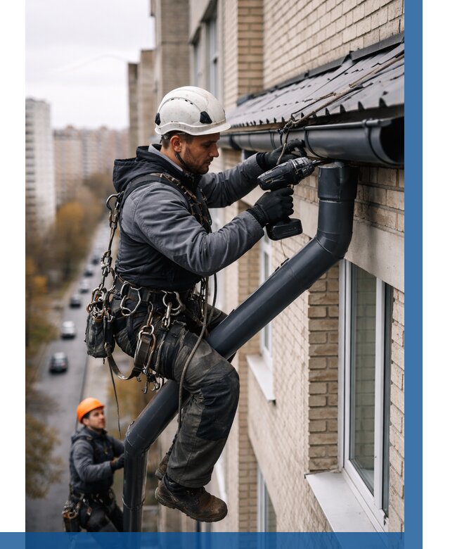 Монтаж водосточной системы на здании в Петергофе от 5231 р. | ВЫСОТНИК-Птф