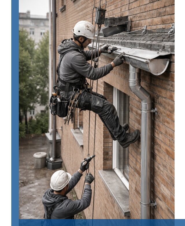 Монтаж водосточной системы на здании в Петергофе под ключ