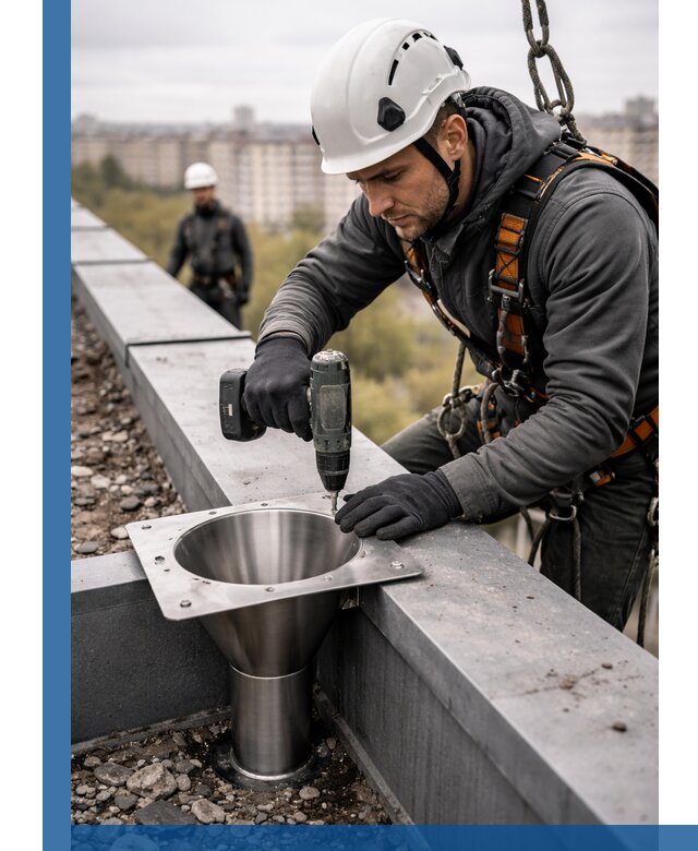 Монтаж водосточных воронок в Петергофе для промышленных зданий