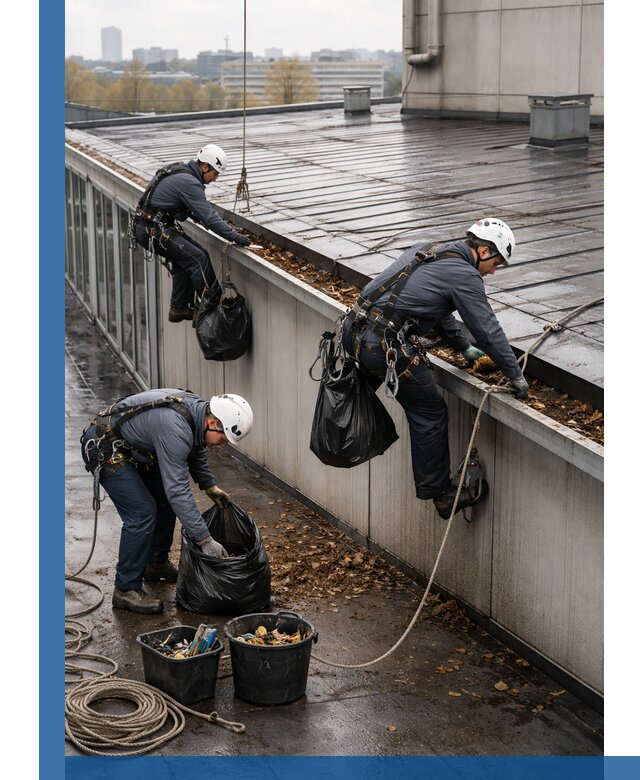Очистка кровли по периметру в Петергофе силами промышленных альпинистов