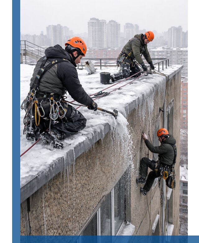 Удаление наледи с кровли в Петергофе промышленными альпинистами