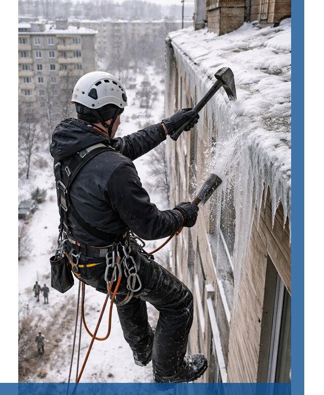 Сбивание сосулек с крыши в Петергофе по цене от 4707 р. | ВЫСОТНИК-Птф