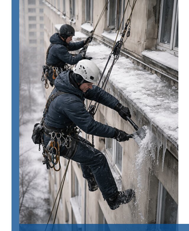 Удаление наледи и сосулек с карнизов в Петергофе профессионально