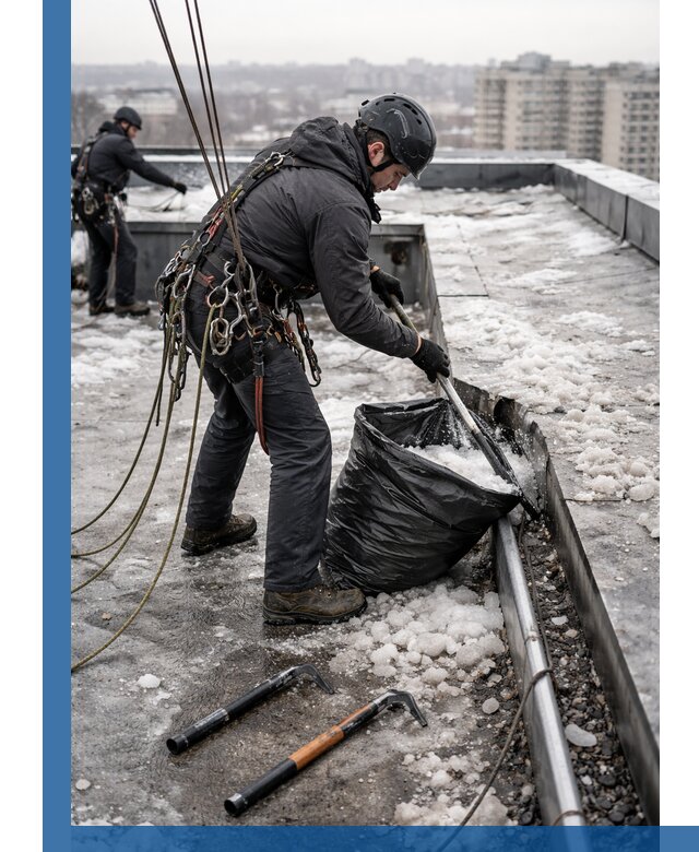 Аварийная очистка кровли в Петергофе от промальпинистов