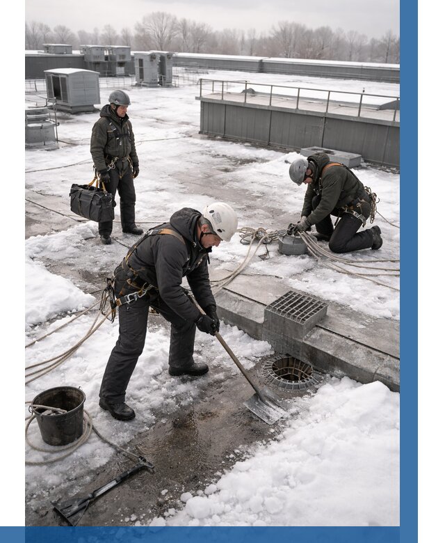 Абонентское обслуживание кровли зимой в Петергофе от 8369 р. | ВЫСОТНИК-Птф