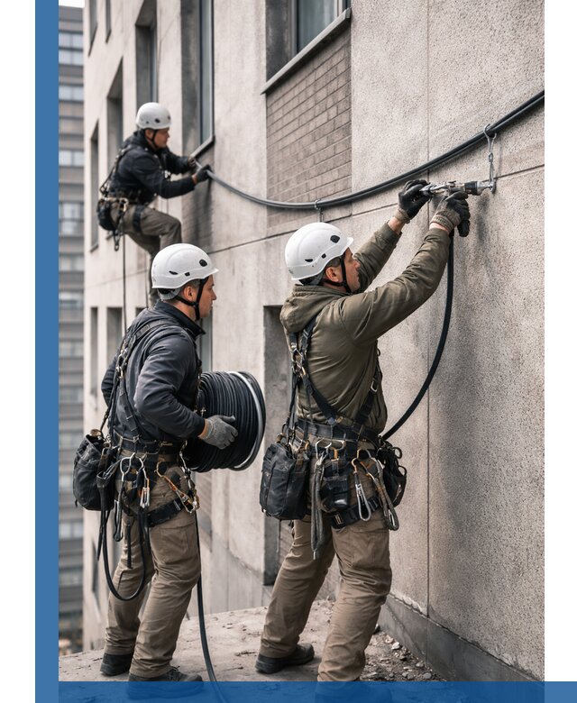 Прокладка кабеля по фасаду в Петергофе, профессиональный монтаж