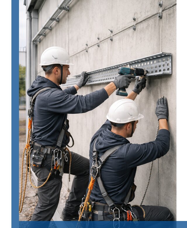 Монтаж кабельных лотков на фасаде зданий в Петергофе с гарантией
