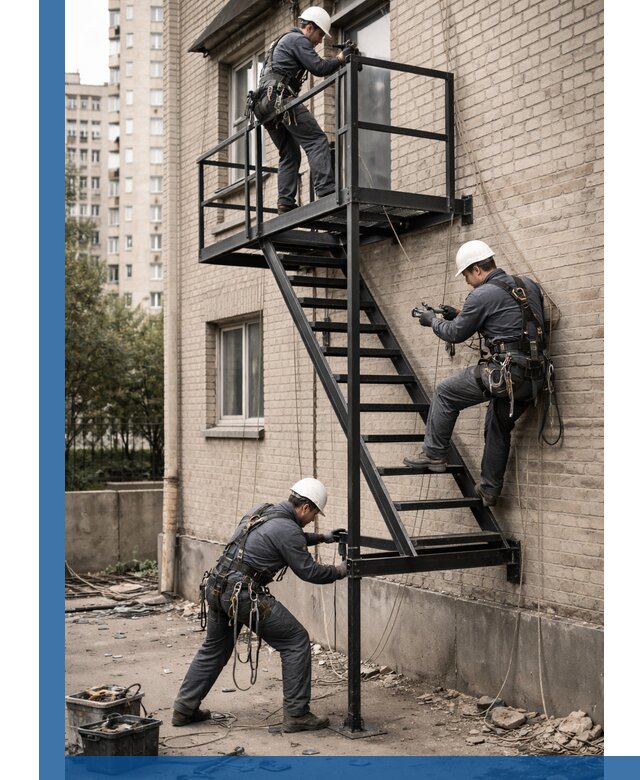 Монтаж пожарной лестницы в Петергофе, установка и крепление