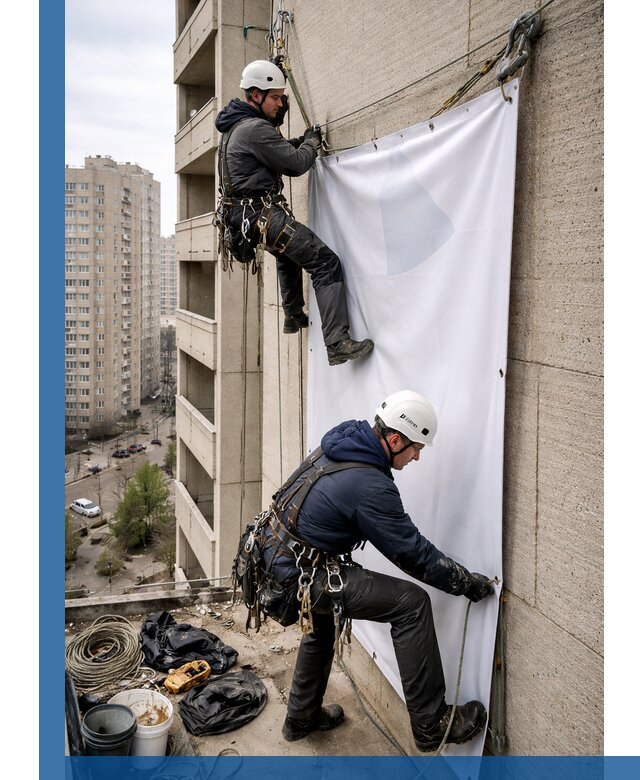 Профессиональный монтаж баннеров на фасаде в Петергофе
