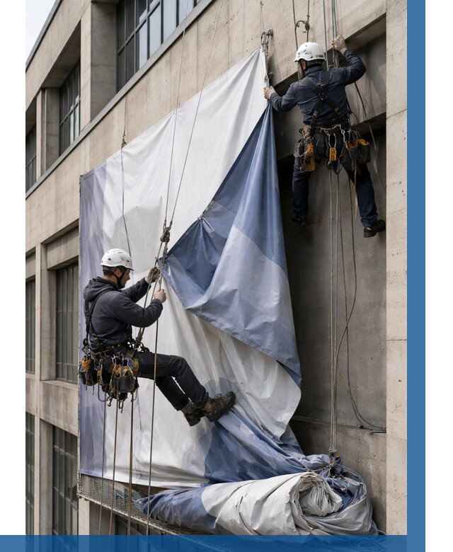 Демонтаж баннеров с фасада в Петергофе от 4707 р. | ВЫСОТНИК-Птф