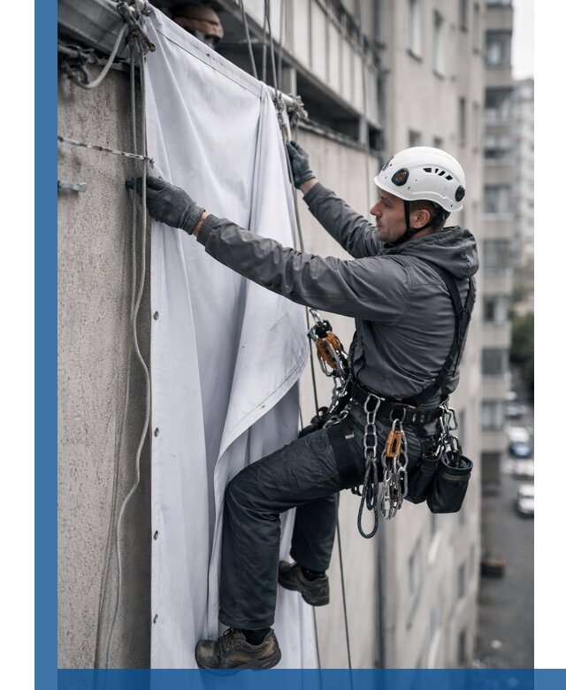 Замена баннерного полотна промышленными альпинистами в Петергофе