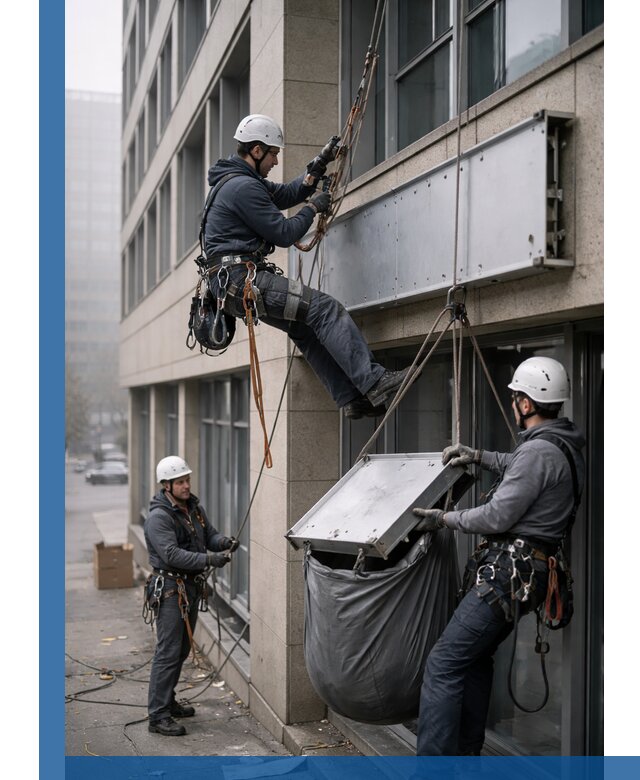 Демонтаж рекламной вывески с высотными работами в Петергофе