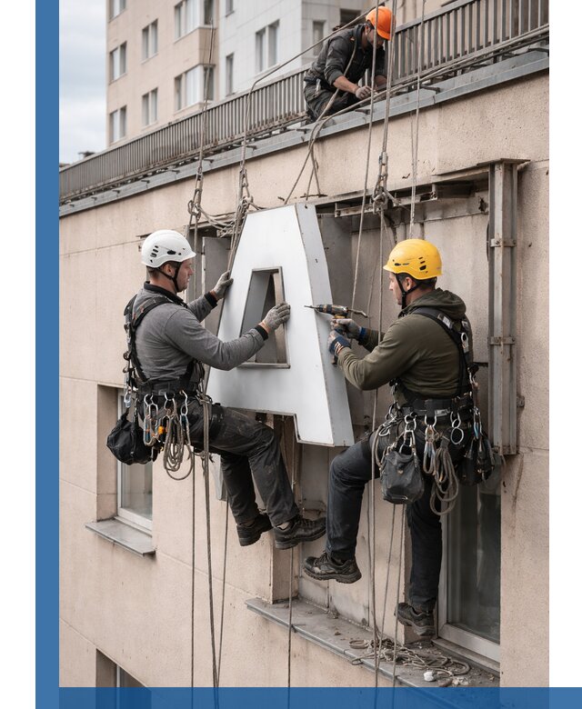Ремонт и восстановление наружных вывесок на высоте в Петергофе