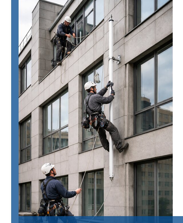 Монтаж флагштока на фасаде здания с креплением и герметикой в Петергофе
