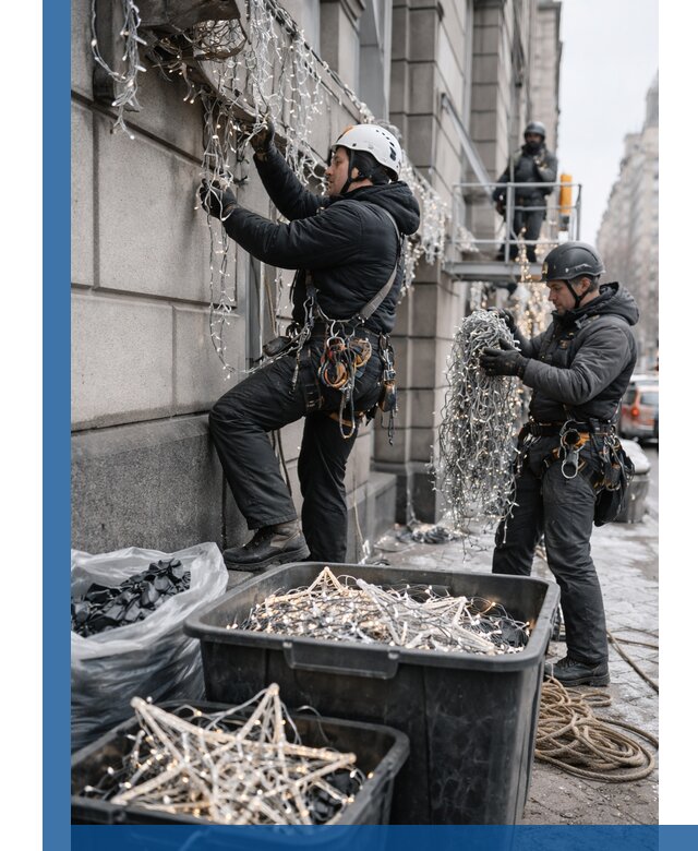 Демонтаж новогоднего оформления и гирлянд в Петергофе