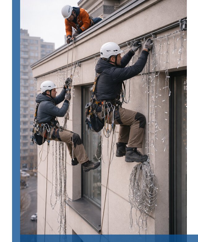 Монтаж праздничных гирлянд на фасаде в Петергофе для зданий