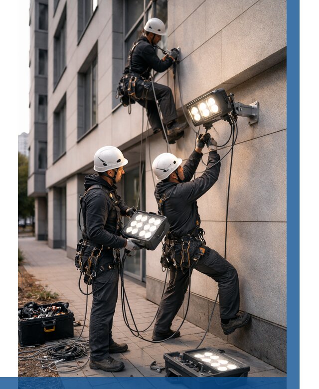 Монтаж прожекторов на фасаде в Петергофе от 7846 р. | ВЫСОТНИК-Птф