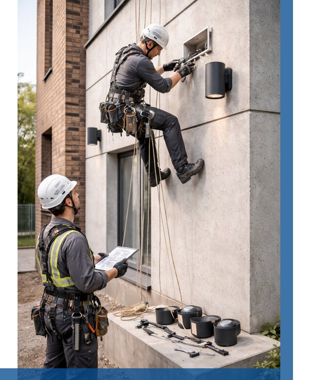 Монтаж фасадного освещения в Петергофе от 2615 р. | ВЫСОТНИК-Птф