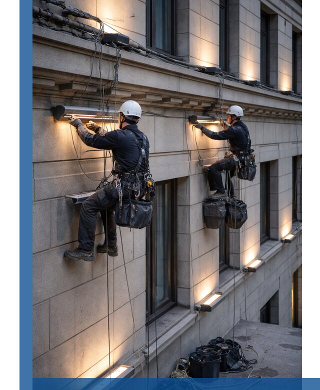 Монтаж архитектурной подсветки фасадов зданий в Петергофе