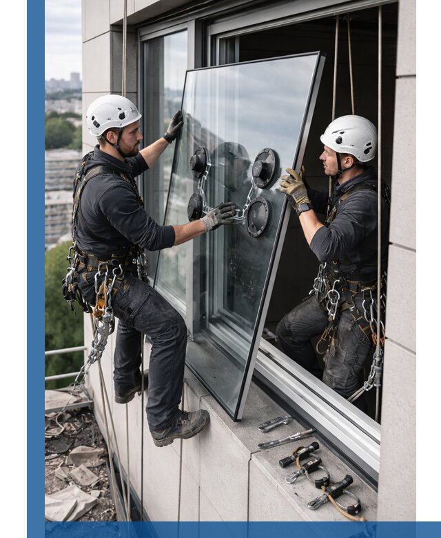 Замена стеклопакетов на высоте с промышленными альпинистами в Петергофе