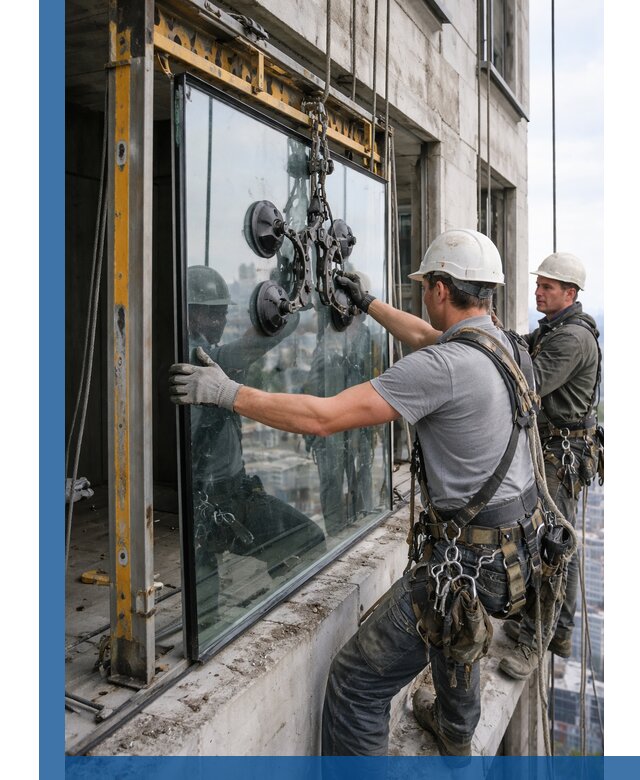 Монтаж стеклопакетов на высоте в Петергофе с промышленным альпинизмом