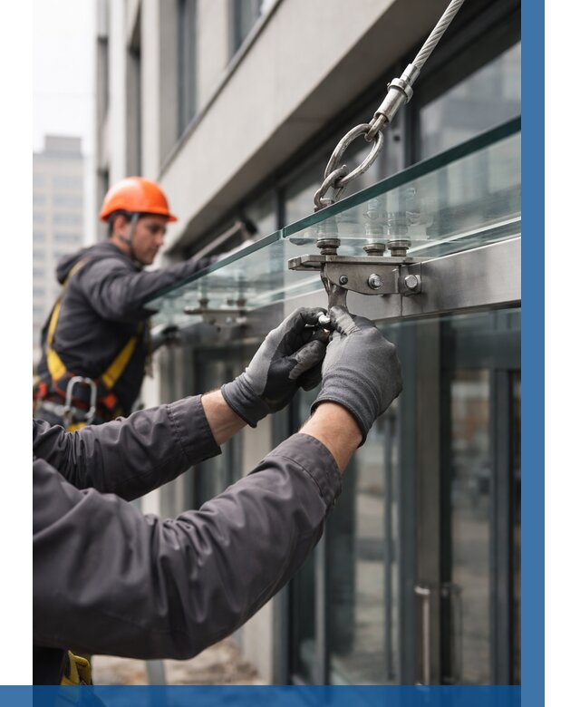 Монтаж стеклянных козырьков в Петергофе от 8892 р. | ВЫСОТНИК-Птф