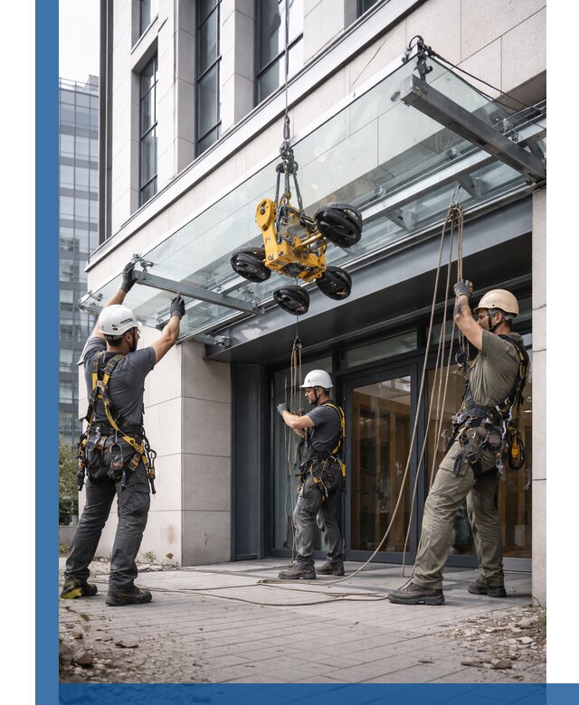 Монтаж стеклянных козырьков под ключ в Петергофе для зданий