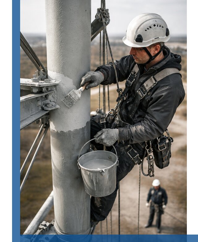 Покраска мачт связи в Петергофе промышленными альпинистами