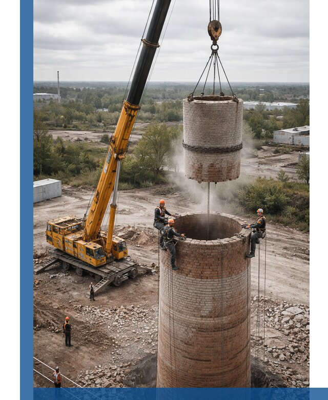 Демонтаж дымовой трубы в Петергофе с гарантиями безопасности