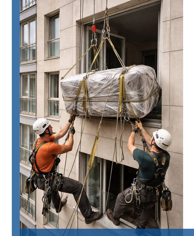 Подъем грузов через окно в Петергофе промышленными альпинистами