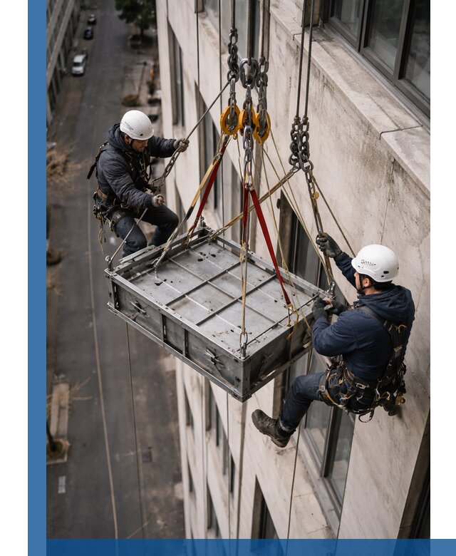 Спуск и подъем грузов по фасаду в Петергофе для зданий