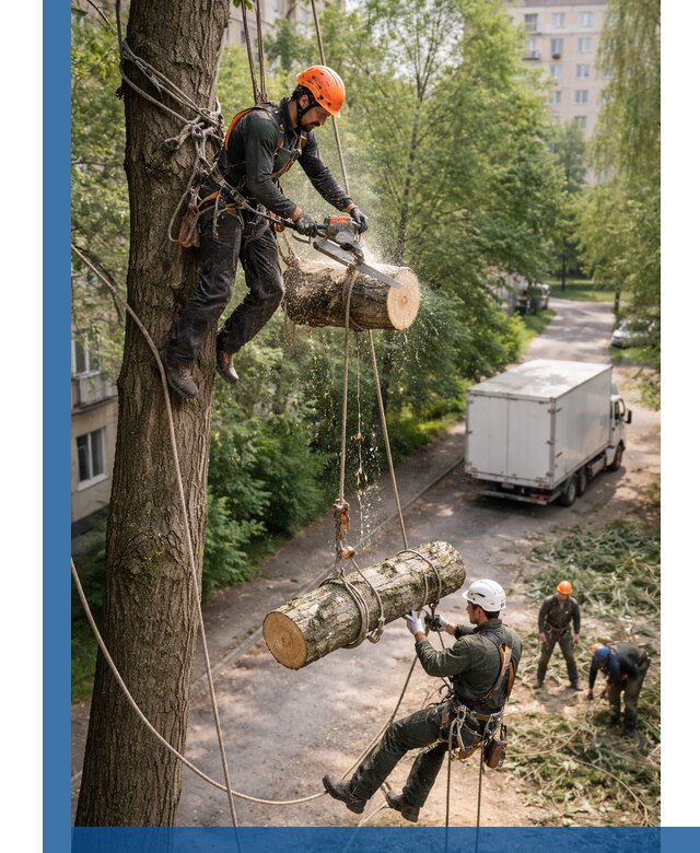 Спил деревьев альпинистами в Петергофе, безопасно и без повреждений