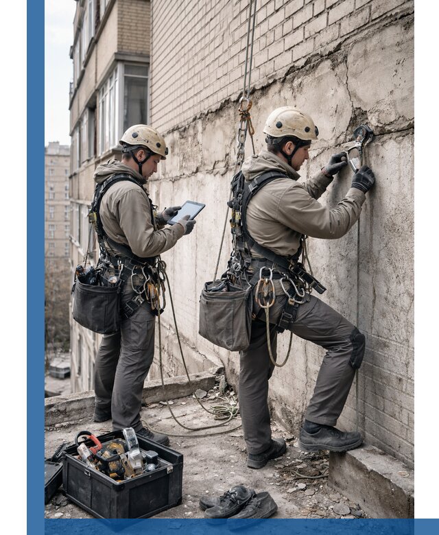 Обследование фасада промышленными альпинистами в Петергофе