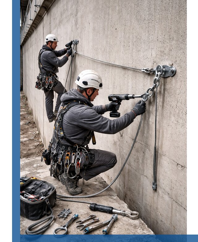 Монтаж анкерных линий высотной безопасности в Петергофе